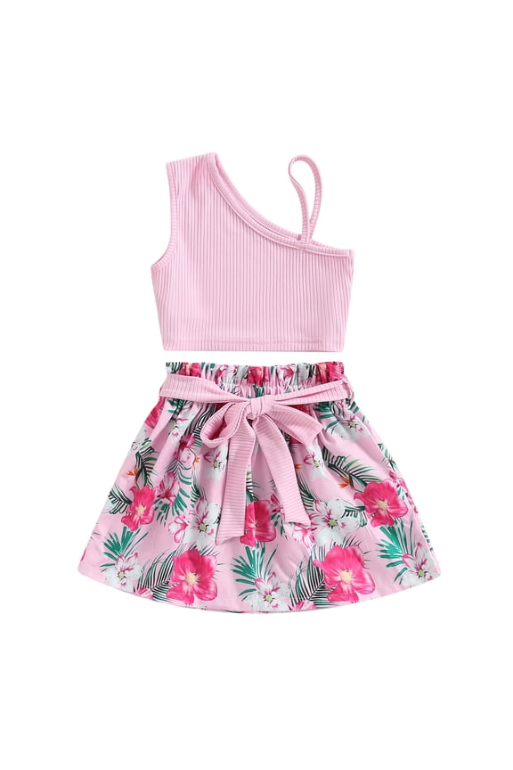 2Pcs Kids Girls Dress Clothes 2 3 4 5 6 7 Years Little Girls Sleeveless Knitting Vest Tops Floral A-Lined Short Half Dress with Waist Belt