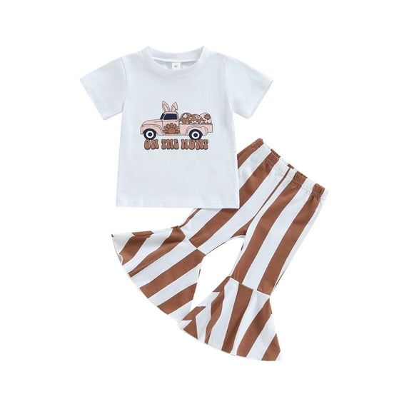 Wassery 2Pcs Kids Girls Easter Outfits Truck Print Short Sleeve Crew Neck Tops with Striped Flare Pants Summer Clothes 9M-4T