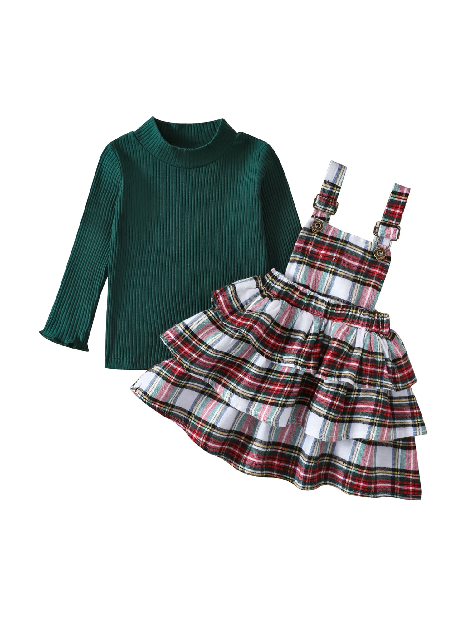 Wassery 2Pcs Toddler Baby Girls Christmas Dress Outfit Ribbed Long Sleeve Pullover Tops Plaid Suspender Dress Set 1-5T