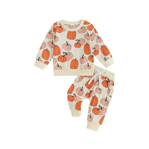 Wassery 2Pcs Toddler Boys Girls Fall Clothes Baby Halloween Outfits Long Sleeve Pumpkin Pattern Sweatshirt + Pants Set 0-3 Years