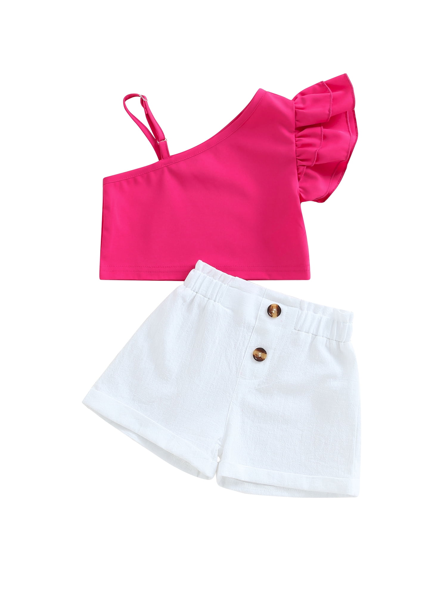 Wassery 2Pcs Toddler Girl Summer Outfits 1T 2T 3T 4T 5T 6T Kids Clothes Ruffle Sleeve Asymmetric