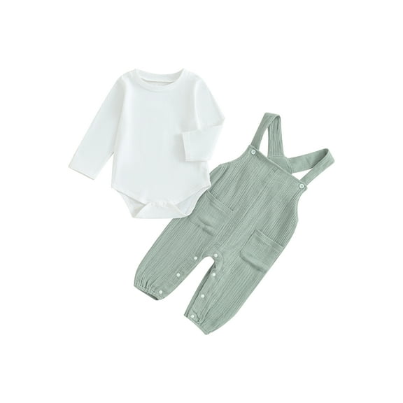 Wassery 2pcs Baby Boys Girls Long Overalls Set Infant Long Sleeve Crew Neck Romper   Suspender Pants Set 3M 6M 9M 12M 18M Casual Fall Outfits for Infant Boy Girl