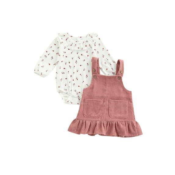 Wassery 2pcs Infant Baby Girls Clothes Long Sleeve Floral Printed Romper Tops + Corduroy Ruffled A-line Suspender Dress 3 6 9 12 18 Months Newborn Casual Spring Autumn Outfits