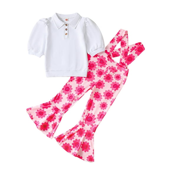 Wassery 2pcs Toddler Girls Long Overalls Set Short Puff Sleeve T Shirt Tops + Floral Print Suspender Flare Pants 3T 4T 5T 6T 7T Kids Casual Summer Outfits