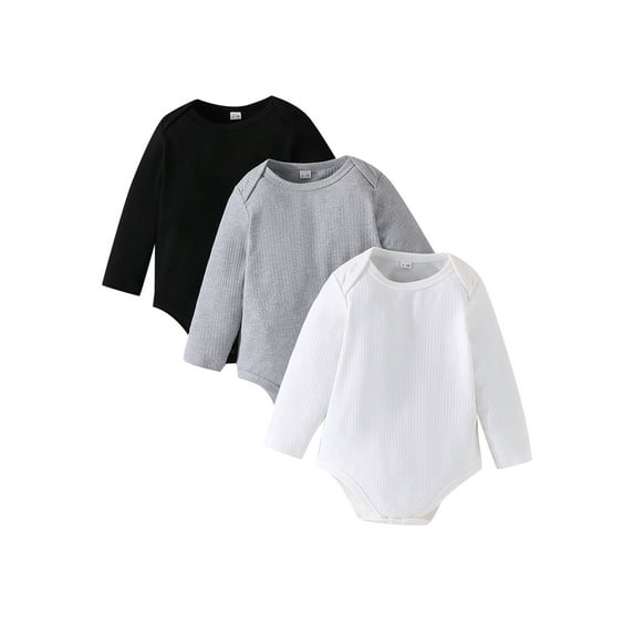 Wassery 3-Pack of Jumpsuit Infant Boys Solid Color Long Sleeve Crew Neck Loose Romper Newborn Baby Boys Autumn Casual Rompers 0-18Months