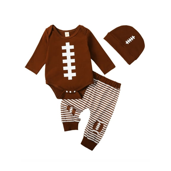Wassery 3PCS Baby Boy Clothes Long Sleeve Football Print Bodysuits Elastic Striped Pants Hat Set 3M 6M 12M 18M Infant Newborn Fall Spring Outfits