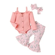 Wassery 3PCS Baby Girl Fall Outfits Set Long Sleeve Ribbed Romper Tops+ Bell Bottoms + Headband Set 3 6 12 18 Months Infant Spring Autumn Clothes