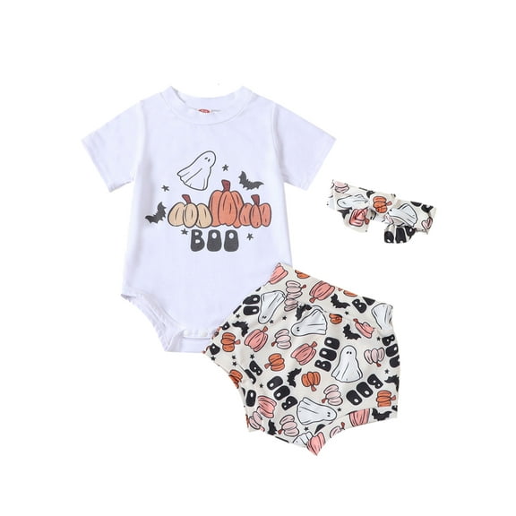Wassery 3PCS Infant Baby Halloween Bodysuits Outfits Toddler Fall Clothes for Boys Girls Pumpkin Ghost Print Short Sleeve Romper   Shorts  Bow Headband