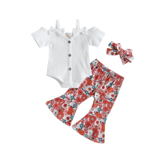 Wassery 3Pcs Baby Girls Summer Outfits Solid color Knitted Tops Short Sleeve Romper Tank and Flare Pants Headband Toddle Casual Set 0-3T