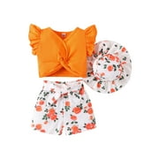 Wassery 3Pcs Kids Girl Summer Outfits 4T 5T 6T 7T Toddler Girls Clothes Set Solid Color V-Neck Fly Sleeve Tops Floral Print Shorts Belt Sun Hat