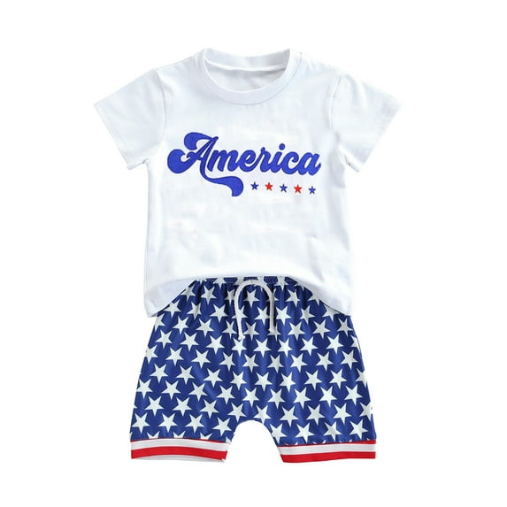 Wassery 4th of July Baby Boys Girls Independence Day Outfits Letter Print Short Sleeve Crew Neck T-shirt and Stars Print Shorts 2Pcs Toddler Summer Casual Clothes Set 0-3T