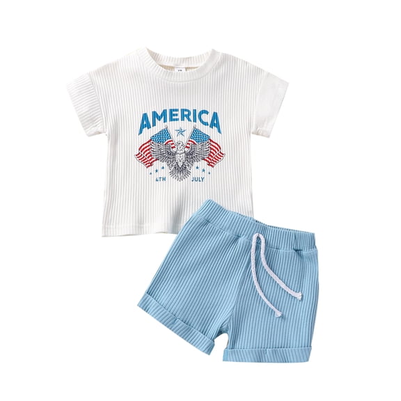 Wassery 4th of July Baby Boys Independence Day Outfits Short Sleeve Letter Eagle Print Tops   Solid Color Drawstring Shorts 2Pcs Infant Summer Casual Clothes Set 0-3T