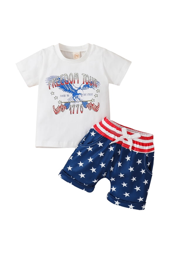 4th of July Baby Girls Boys Eagle/Letters Print Short Sleeve T-shirt and Drawstring Shorts 2Pcs Toddle Summer Casual Clothes Outfit Set for Independence Day 0-3T