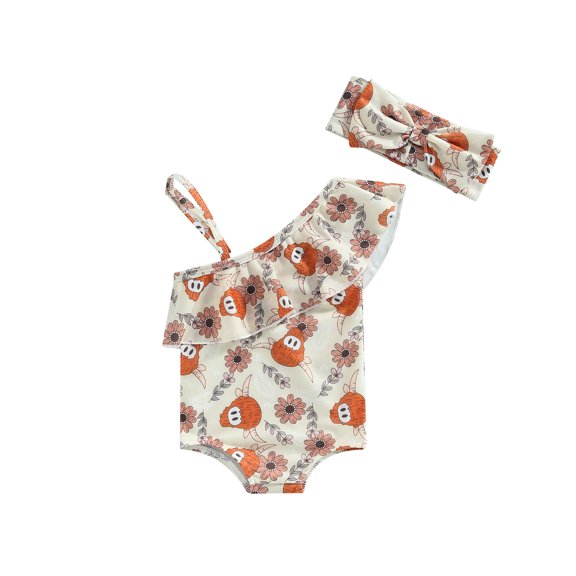 Wassery 4th of July Infant Baby Girl Swimsuits Outfits Summer Cow Head Print One Shoulder Romper Swimwear Headband Toddle One Piece Bathing Suits Beachwear