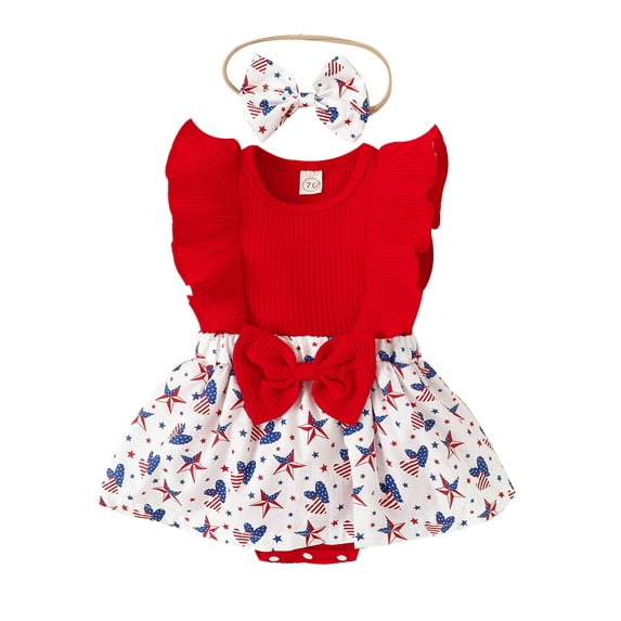 Wassery 4th of July Infant Girls Romper Dress 3 6 12 18 Months Baby Girls Independence Day Outfit Fly Sleeve Stars/Popsicle Print Patchwork Bodysuit A-line Dress with Headband