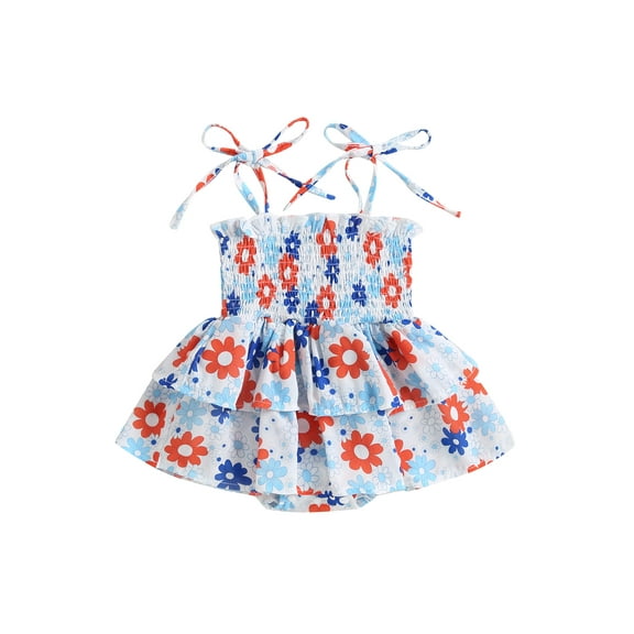 Wassery 4th of July Infant Girls Romper Dress 6 12 18 24 Months Baby Girls Independence Day Jumpsuit Summer Floral/Bull Head Print Spaghetti Strap Dress for Newborn 0-24M