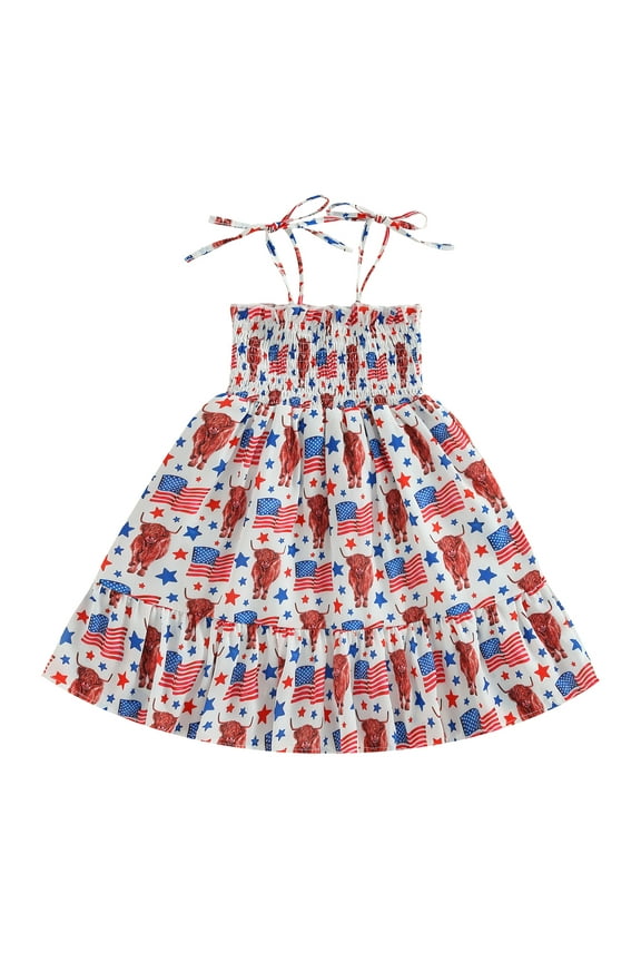 4th of July Kids Girls Dress 3T 4T 5T 6T 7T 8T Little Girls Summer Princess Dress Bull/Floral/Star Striped Print Ruffle Dress Sleeveless Slingendence Day Clothes Set for Toddle 3T-8T