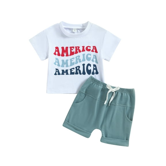 Wassery 4th of July Outfits Infant Baby Boys Letter Print Short Sleeve Crew Neck Tank Tops and Casual Elastic Shorts Set 2pcs Independence Day Clothes 3M-3T My First Independence 's Day
