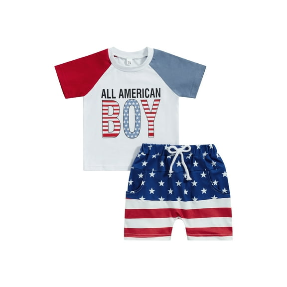 Wassery 4th of July Outfits Infant Baby Boys Outfits Letter Print Short Sleeve Crew Neck Tank Tops and Casual Elastic Star Stripe Shorts Set 2pcs Indelothes 0-3T My First Independence 's Day