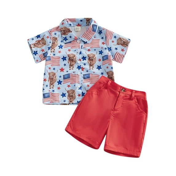 Wassery 4th of July Toddler Baby Boy Summer Outfit 1 2 3 4 5 6 Years Kids American Flag Short Sleeve Button Down Shirt + Shorts Western Gentleman Outfits Set
