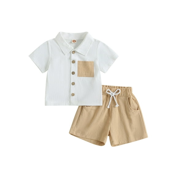 Wassery Baby Boy Clothes Sets 6M 12M 18M 24M 2T 3T Infant Boys Summer Outfits Contrast Color Pocket Turn-Down Collar Short Sleeve Shirts and Elastic Waist Shorts 2pcs Toddler Boys Clothes Set