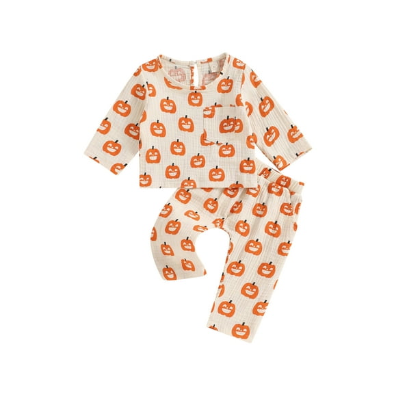 Wassery Baby Boy Girl Halloween Outfits Set Long Sleeve Pumpkin Bat Print Henley Tops Long Pants 3M 6M 12M 18T Newborn Infant 2Pcs Fall Halloween Clothes