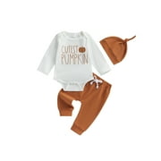 Wassery Baby Boy Halloween Clothes Set 3 6 12 Months Newborn Boys Pumpkin Print Long Sleeve Crew Neck Romper Long Pants Hat 3PCS Infant Fall Outfits