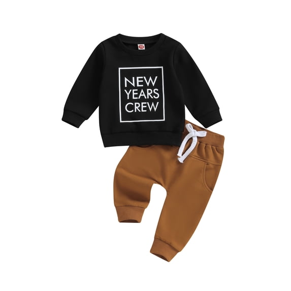 Wassery Baby Boy New Year Outfit Clothes 6M 12M 18M 2T 3T Toddler Boy Long Sleeve Crew Neck Letters Print Sweatshirt Elastic Waist Sweatpants 2Pcs Holiday-themed Clothing for Kids Boy