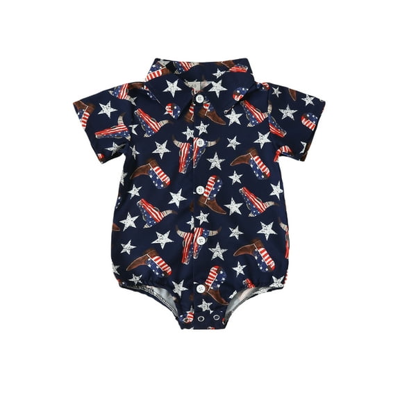 Wassery Baby Boy Romper Tops 6 12 18 24 Months Infant Boys 4th of July Outfits Short Sleeve Turn-down Collar Boots/Bull Head Print Summer Bodysuit for Independence Day