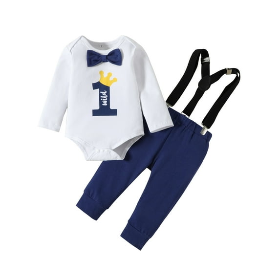 Wassery Baby Boys My 1st Birthday Outfit Number Print Long Sleeve Romper and Elastic Pants with Suspender Overall Pants 9 12 18 Months Infant Fall Casual Clothes