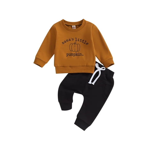 Wassery Baby Boys Fall Clothes 2Pcs Toddler Halloween Outfits Letter Pumpkin Print Long Sleeve Crewneck Sweatshirt Tops Elastic Waist Sweatpants 0-3T