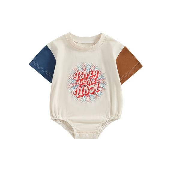 Wassery Baby Boys Girls 4th of July Outfits 3M 6M 12M 18M Infant Girls Summer Romper Short Sleeve Letter Print Contrast Color Playsuit