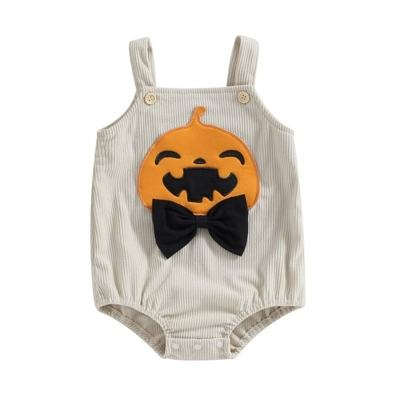 Wassery Baby Boys Girls Corduroy Bodysuits Infant Halloween Clothes Pumpkin Print Sleeveless Straps Romper Newborn Fall Jumpsuits Playsuit 0-18M