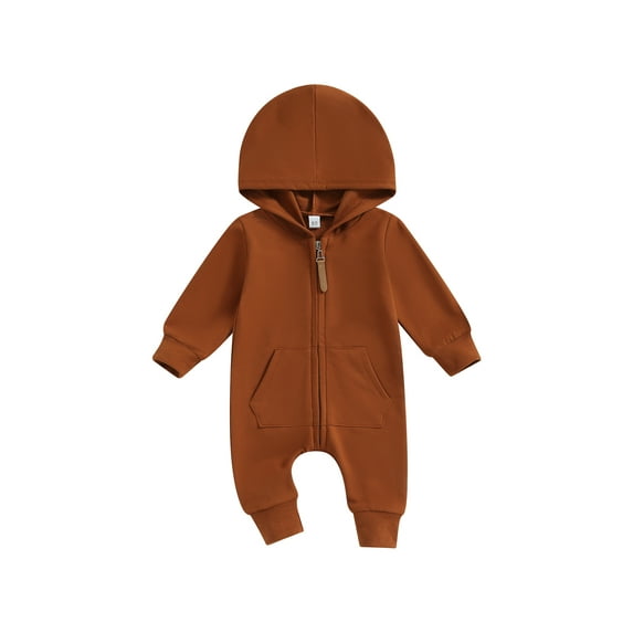 Wassery Baby Boys Girls Fall Jumpsuits Newborn Onesie Bodysuits Long Sleeve Solid Color Zip Up Hooded Rompers 0-12 Months