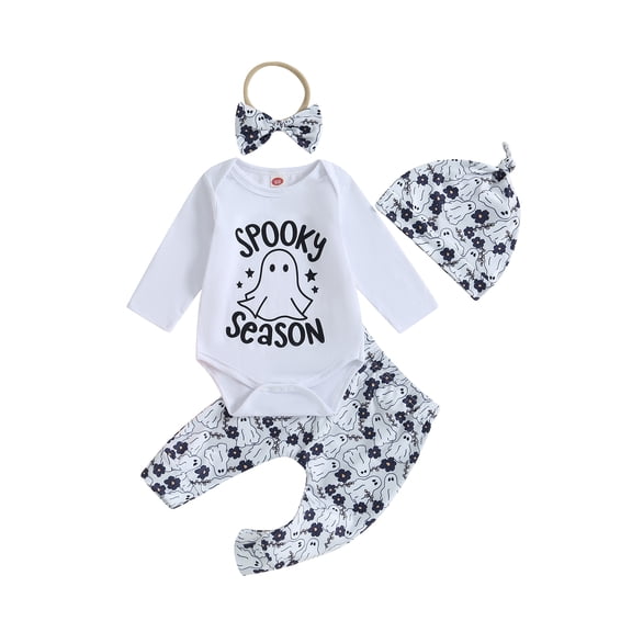 Wassery Baby Boys Girls Fall Winter Outfits Set 3 6 12 18 Months Infant Boy Halloween Clothes Long Sleeve Letter Print Jumpsuits Ghost Print Long Pants Hat Headband 4Pcs