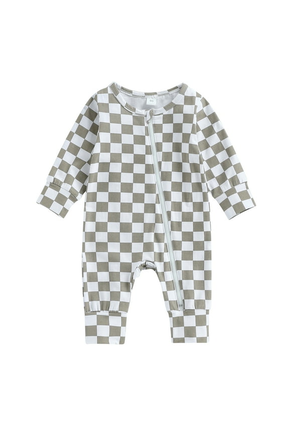 Baby Boys Girls Footies Rompers Long Sleeve Checkerboard Print Zipper Jumpsuit 3 6 12 18 24 Months Newborn Infant Fall Clothes