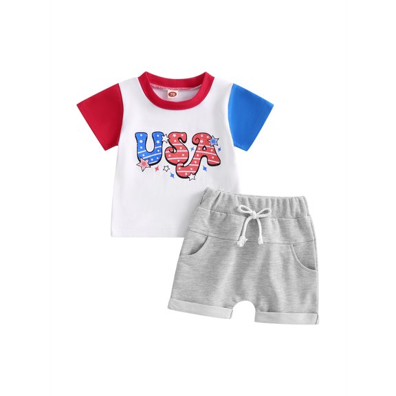 Wassery Baby Boys Girls Fourth of July Outfits Short Sleeve Letter Print Contrast Color Tops Shorts Set 6M 12M 18M 24M 2T 3T Infant Girl Boy Summer Casual Clothes for Independence Day