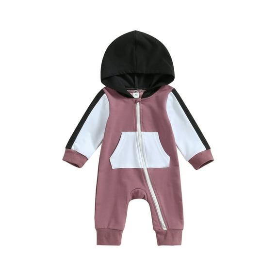 Wassery Baby Boys Girls Full Length Jumpsuit 3 6 12 18 Months Infant Fall Contrast Color Zipper Hood Romper Long Sleeve Crew Neck Bodysuits