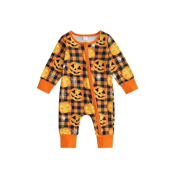 Wassery Baby Boys Girls Halloween Jumpsuit Newborn Girl Footed Romper Long Sleeve Ghost Pumpkin Print Zipped Bodysuits 3M 6M 12M 18M Infant Fall Clothes