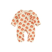 Wassery Baby Boys Girls Jumpsuits Infant Halloween Clothes Long Sleeve Crew Neck Pumpkin Bat Print Fall Romper Newborn Bodysuit Playsuit 0-18M