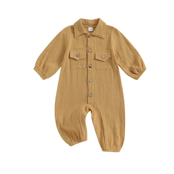 Wassery Baby Boys Girls Jumpsuits Infant Spring Fall Rompers Newborn Long Sleeve Lapel Collar Button Down Bodysuits Playsuit