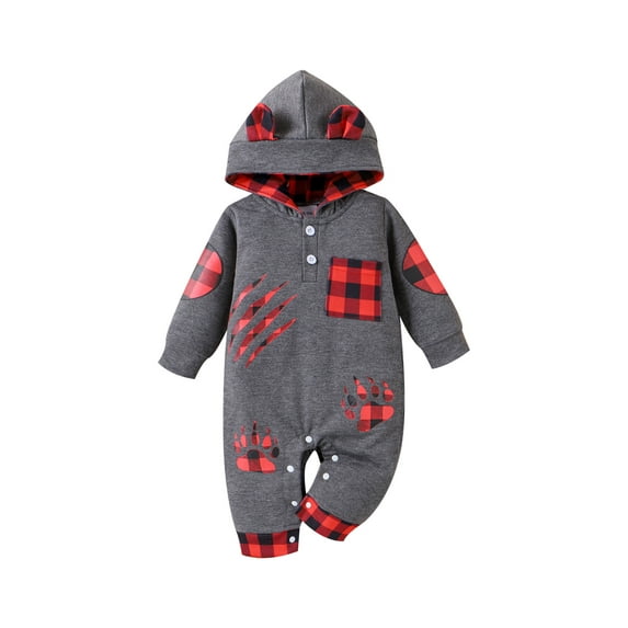 Wassery Baby Boys Girls One Piece Rompers 3M 6M 9M 12M 18M Newborn Plaid Print Long Sleeve Hoodie Jumpsuit Newborn Boys Girls Fall Warm Clothes