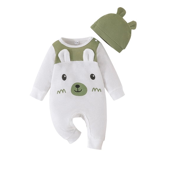 Wassery Baby Boys Girls Rompers Newborn Fall Winter Jumpsuits Long Sleeve Round Neck Bear Pattern Bodysuit Hat Infant Casual Cute Clothes 0-18 Months