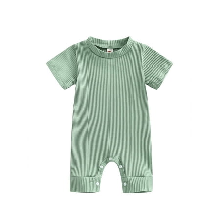 Wassery Baby Boys Girls Summer Rompers 6M 12M 18M 24M Infant Short Sleeve Crew Neck Solid Color Ribbed Jumpsuits