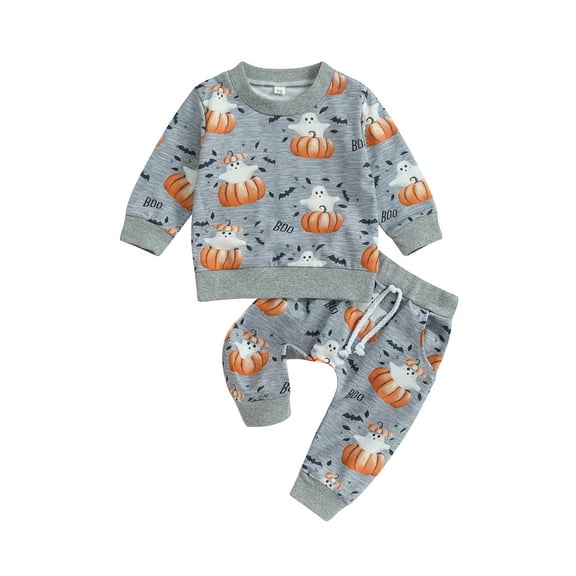 Wassery Baby Boys Halloween Clothes Pumpkin Print Long Sleeve Sweatshirt and Elastic Pants 2 Piece Tracksuit for Toddler