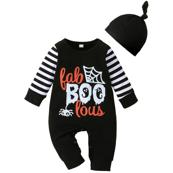 Wassery Baby Boys Halloween Outfits Pumpkin/Spider/Letter Print Romper Long Sleeve Jumpsuit Hat 3 6 9 12 18 Months Toddler Fall Clothes