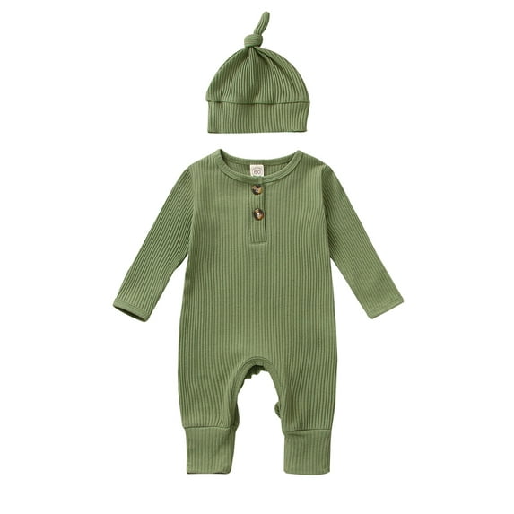 Wassery Baby Boys One Piece Jumpsuit Knit Ribbed Long Sleeve Crew Neck Button Bodysuit and Hat 3 6 12 18 Months Infant Autumn Clothes