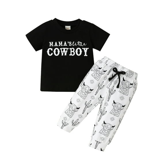 Wassery Baby Boys Summer Clothes Letter Print Short Sleeve Crew Neck Tops Cattle Head Print Pants 2PCS Outfit Set 0-24M