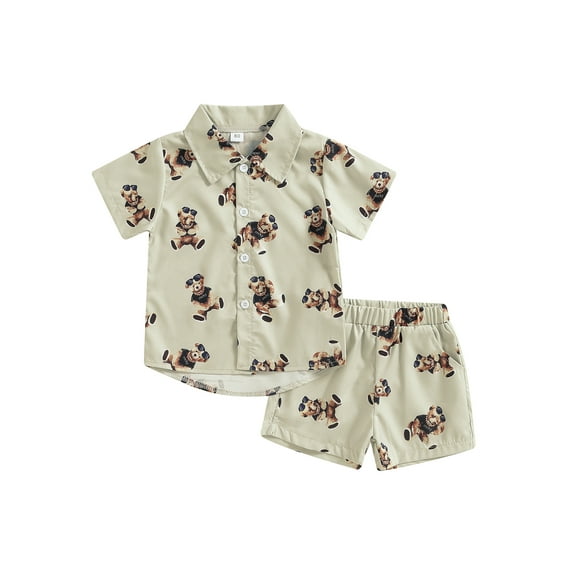 Wassery Baby Boys Summer Outfits Bear Print Short Sleeve Shirt Lapel Neck Tops and Elastic Shorts 2Pcs Toddler Casual Clothes Set 6M-4T
