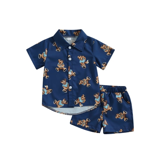 Wassery Baby Boys Summer Outfits Bear Print Short Sleeve Shirt Lapel Neck Tops and Elastic Shorts 2Pcs Toddler Casual Clothes Set 6M-4T